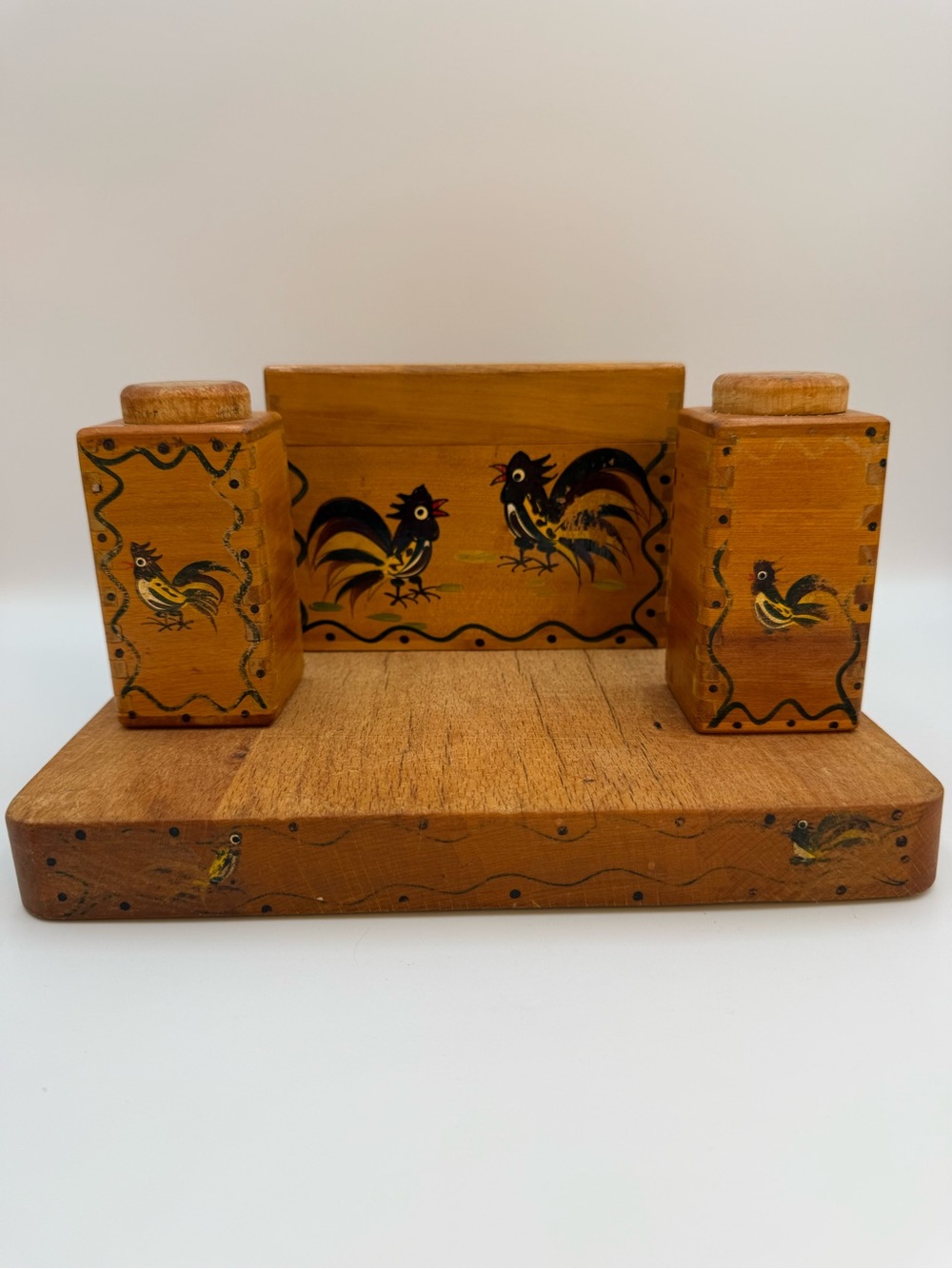 Vintage Woodpecker Woodware Rooster Japan Salt/Pepper,Recipe Box, Cutting Board